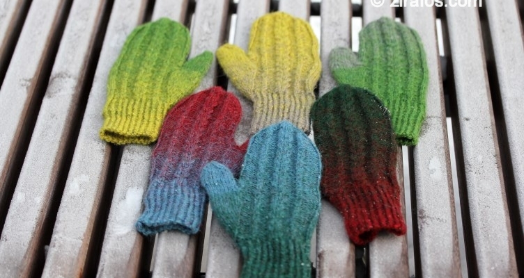 Wooly, colourful, hand-knitted mittens ''A pair of three''
