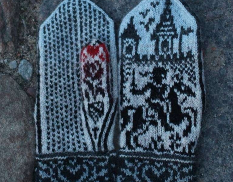 Original, hand knitted, warm, woolen Mittens "Swords & Roses"