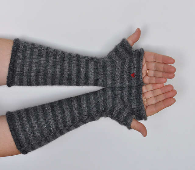 Finger-less mittens. Gray stripes. A heart in your palm or on your hand. Unisex